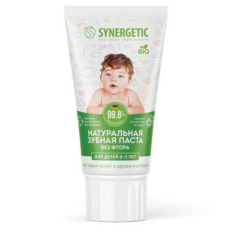 превью Зубная паста детская 50 г, SYNERGETIC, липа и ромашка, от 0 до 3 лет, натуральная