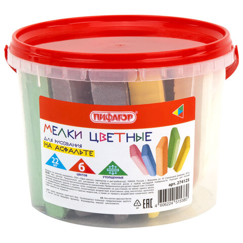 превью Мел в ведерке для рисования на асфальте 22 штуки, ПИФАГОР, цветной квадратный УТОЛЩЕННЫЙ