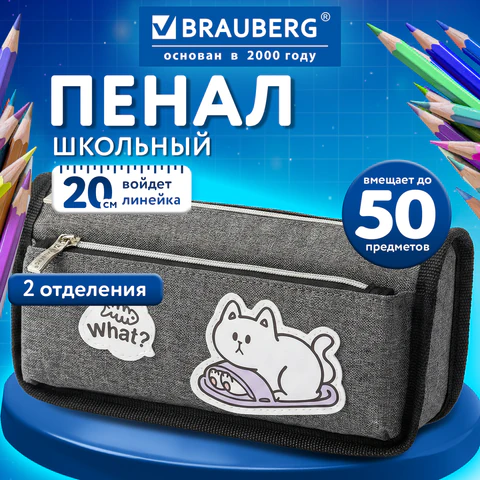 Пенал мягкий BRAUBERG, 2 отделения, полиэстер, «Озорной кот», серый, 21×9х6 см