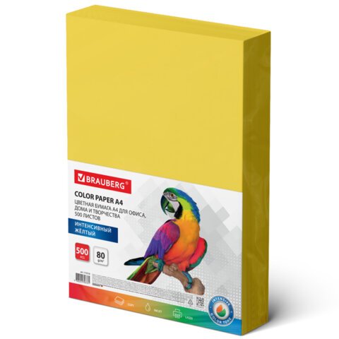 превью Бумага цветная BRAUBERG, А4, 80 г/м2, 500 л., интенсив, желтая, для офисной техники, 