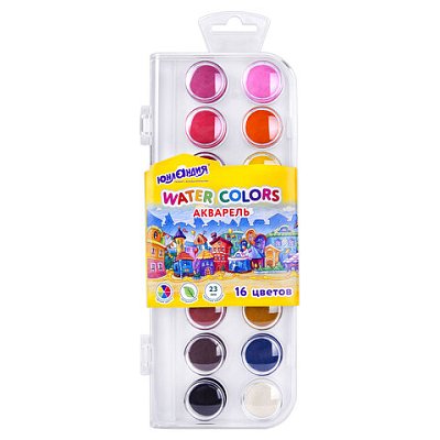Краски акварельные ЮНЛАНДИЯ «ДОМИКИ» 16 цветов, круглые кюветы 23 мм, пенал