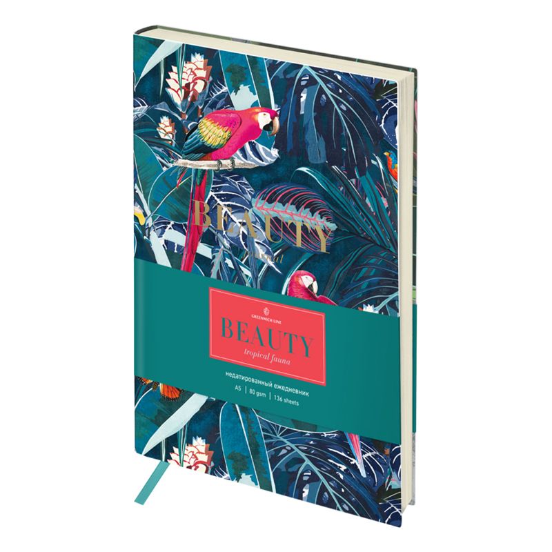 превью Ежедневник недатированный А5, 136л., кожзам, Greenwich Line «Beauty. Tropical fauna», тон. блок