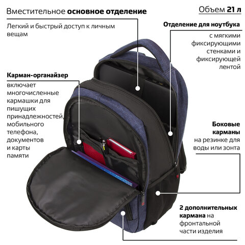 Рюкзак BRAUBERG универсальный, с отделением для ноутбука, «DALLAS», синий, 45×29×15 см, 228866