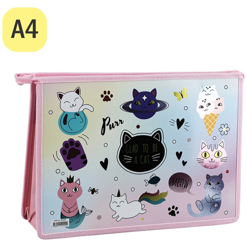 Папка для тетрадей 2 отделения А4 ArtSpace «Glad to be cat», пластик, фольга, на молнии