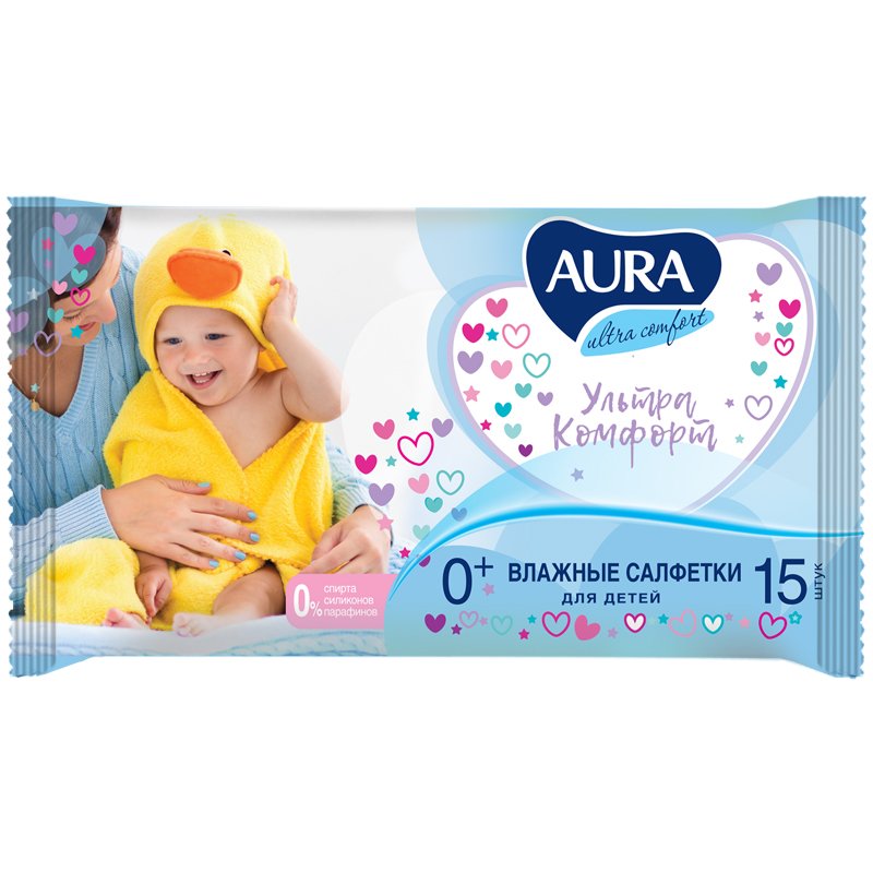 Влажные салфетки детские Aura Ultra Comfort 15 штук в упаковке