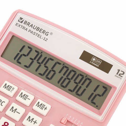 Калькулятор настольный BRAUBERG EXTRA PASTEL-12-PK (206×155 мм), 12 разрядов, двойное питание, РОЗОВЫЙ