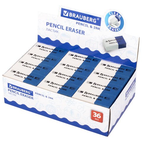 Ластик BRAUBERG «PENCIL & INK», 39×18х12 мм, для ручки и карандаша, бело-синий