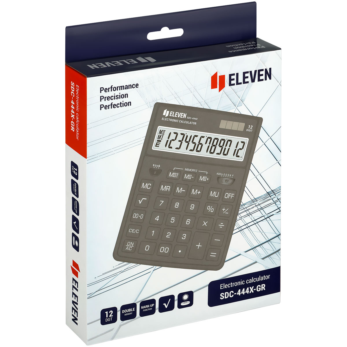 Калькулятор настольный Eleven SDC-444X-GR, 12 разрядов, двойное питание, 155×204×33мм, cерый