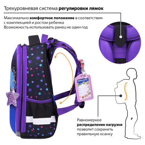 Ранец BRAUBERG PREMIUM, 2 отделения, с брелком, «Neon cat», 38×29х16 см
