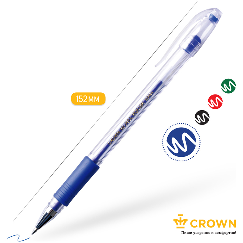 Ручка гелевая Crown «Hi-Jell Grip» синяя, 0.5мм, грип