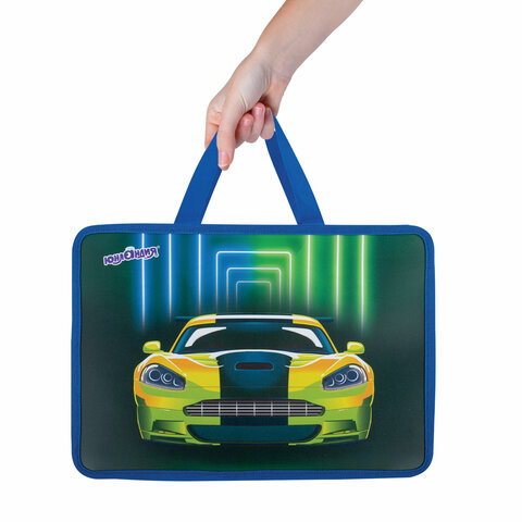 Папка на молнии с ручками ЮНЛАНДИЯ А4, 1 отделение, пластик, 80 мм, «Neon car»