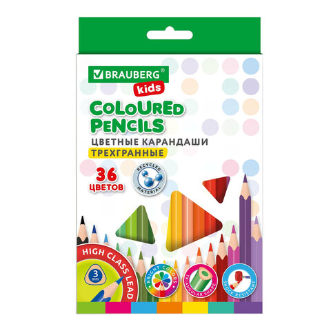 превью Карандаши цветные BRAUBERG KIDS, 36 цветов, трехгранный корпус, грифель мягкий 3 мм