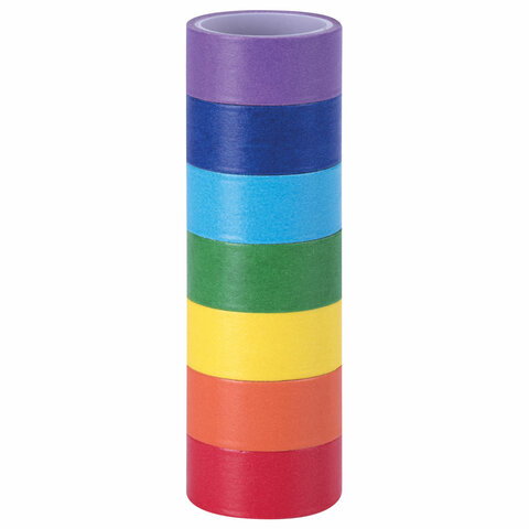 превью Клейкие WASHI-ленты для декора РАДУЖНЫЕ, однотонные, 15 мм х 3 м, 7 цветов, рисовая бумага, ОСТРОВ СОКРОВИЩ, 661702