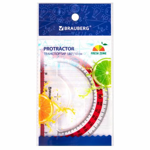 превью Транспортир 10 см BRAUBERG «FRESH ZONE»180 градусовпластикпрозрачныйкрасная шкала210760