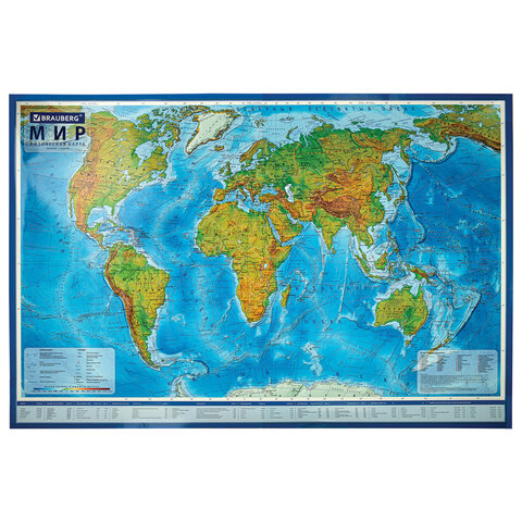 превью Карта мира физическая 199×134 см, 1:15.5М, с ламинацией, интерактивная, в тубусе, BRAUBERG