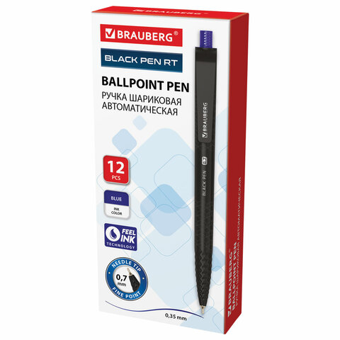 Ручка шариковая масляная автоматическая BRAUBERG «BLACK PEN RT», СИНЯЯ, игольчатый наконечник 0.7 мм, линия письма 0.35 мм