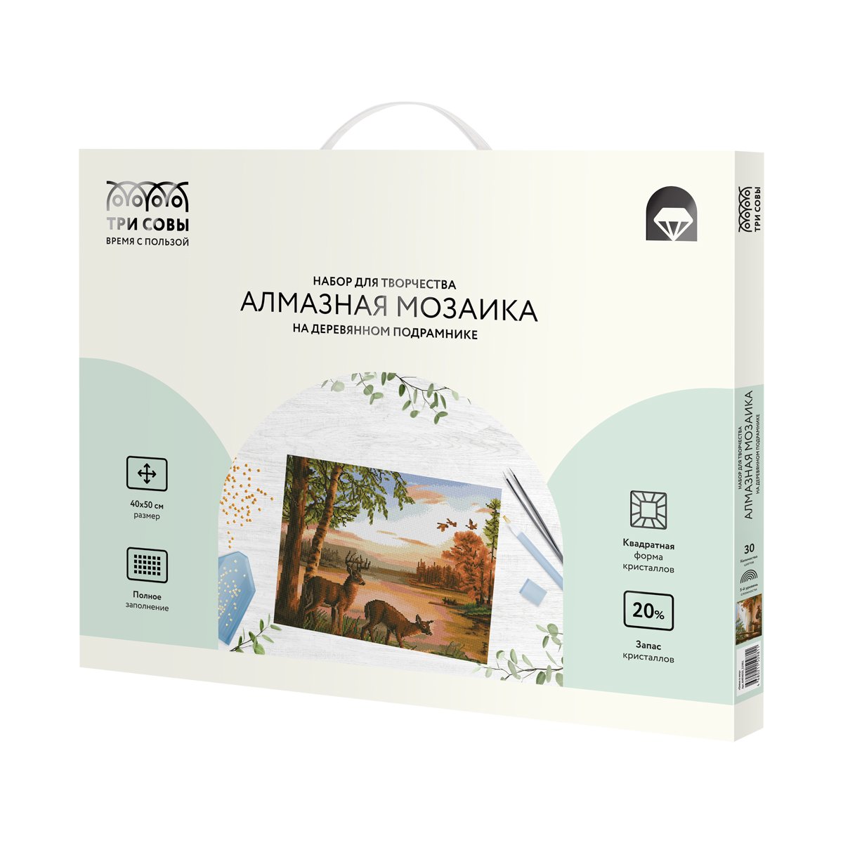 Алмазная мозаика ТРИ СОВЫ «Олени в лесу», 40×50см, холст на деревянном подрамнике, картонная коробка с пластиковой ручкой