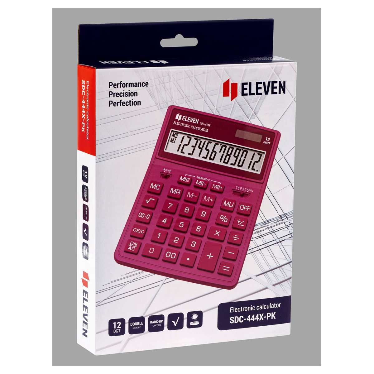 Калькулятор настольный Eleven SDC-444X-PK, 12 разрядов, двойное питание, 155×204×33мм, розовый