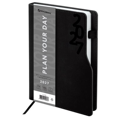 Ежедневник датированный 2027, А5, 150×213 мм, BRAUBERG «Up», под кожу, софт-тач, держатель для ручки, черный