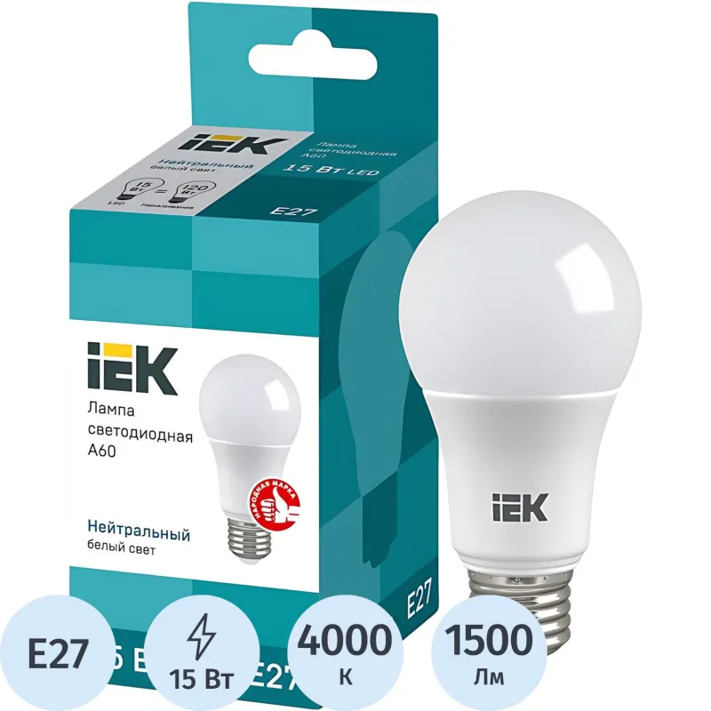 превью Лампа светодиодная IEK 15 Вт E27 A 4000 К 1500 Лм матовая (463149)