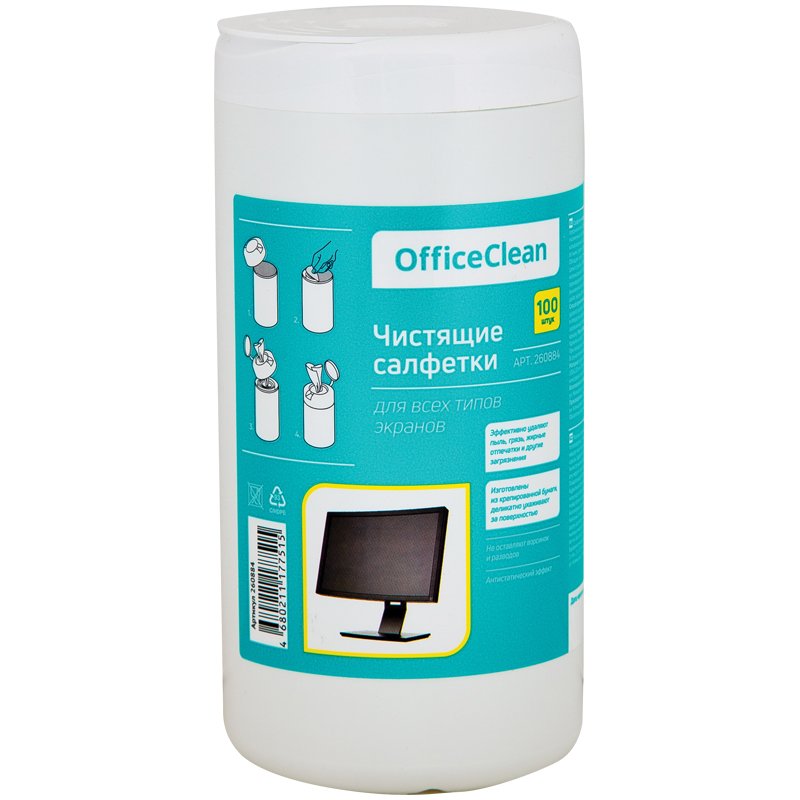превью Салфетки чистящие влажные OfficeClean, для экранов, в тубе, 100шт. 