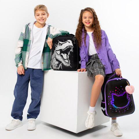 Ранец BRAUBERG SHINY, 2 отделения, с брелком, Scary dino, СВЕТЯЩИЙСЯ РИСУНОК, 38×28х14 см