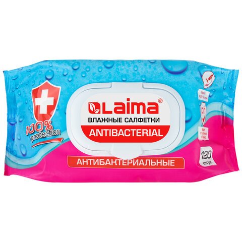 Салфетки влажные 120 шт., АНТИБАКТЕРИАЛЬНЫЕ, с пластиковым клапаном, LAIMA «Antibacterial»