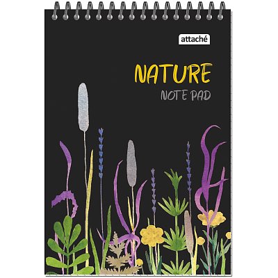 Блокнот А5 60л Attache Nature Black flowers клет,65г,100%, греб, карт, ВД-лак