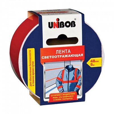 Клейкая лента cветоотражающая Unibob 48мм х 5м, бело/красная