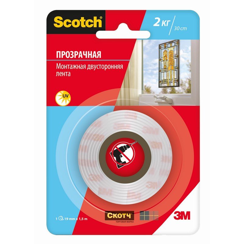 Клейкая лента двухсторонняя, 1.9 см х 150 см, SCOTCH, монтажная, прозрачная