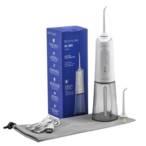 Ирригатор для полости рта REVYLINE RL 660, портативный, емкость резервуара 0.2 л, 2 насадки, белый