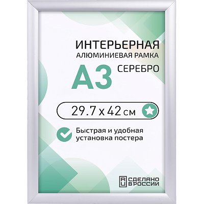 Рамка 297×420, серебро, метал., с клик профилем, ПЭТ стекло, 2011_03_72_045