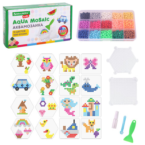 Аквамозаика 15 цветов, 1500 бусин, с трафаретами и инструментами, BRAUBERG KIDS