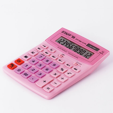 Калькулятор настольный STAFF STF-888-12-PK (200×150 мм) 12 разрядов, двойное питание, РОЗОВЫЙ, 250452