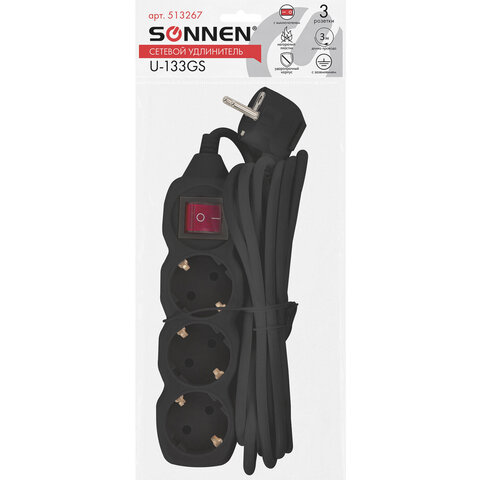 Удлинитель SONNEN U-133GS, 3 розетки, c заземлением, выключатель, 10 А, 3 м, черный