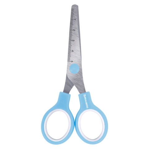 Ножницы BRAUBERG KIDS 130 мм, ручки небесно-голубые, закругленные лезвия с линейкой