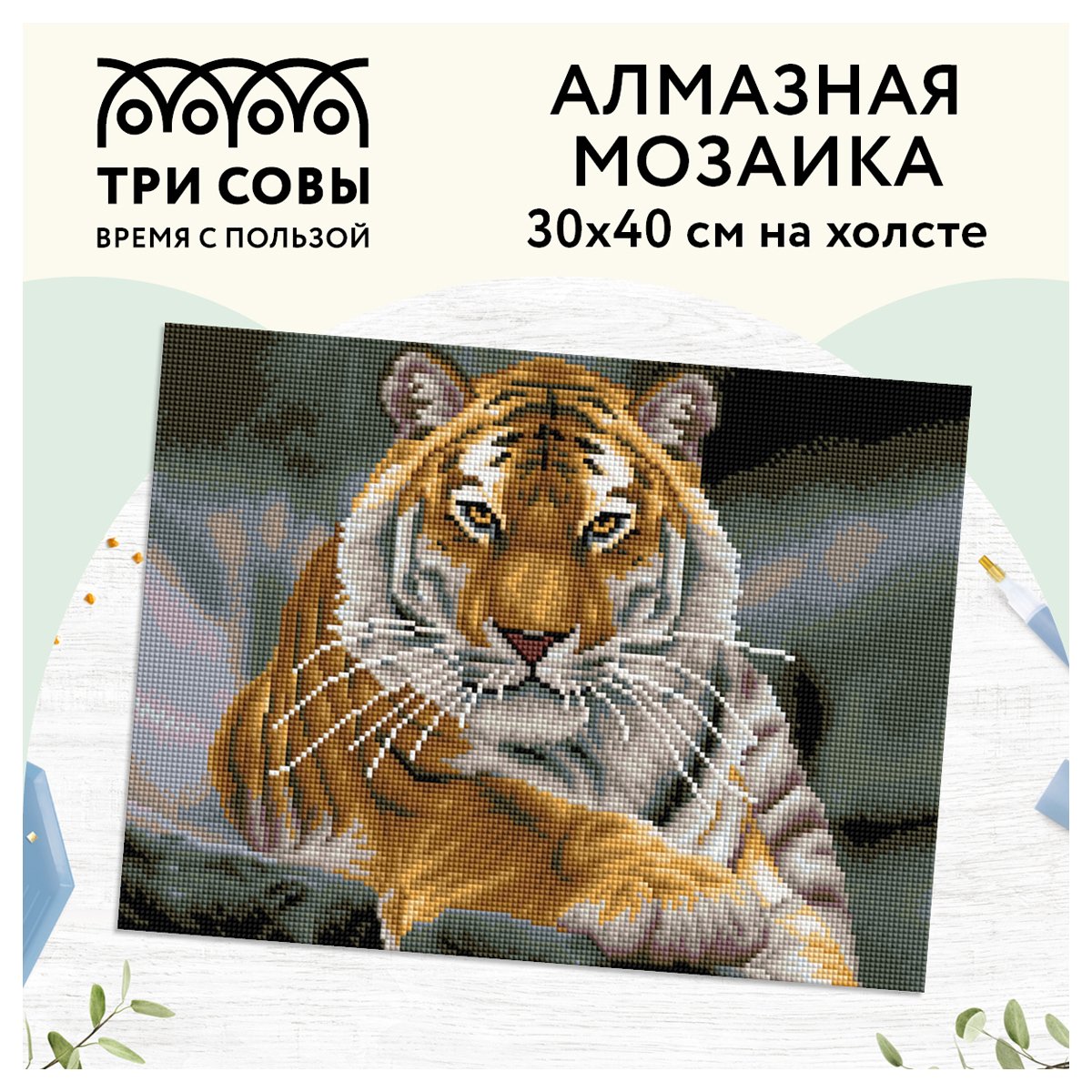 Алмазная мозаика ТРИ СОВЫ «Тигр», 30×40см, холст, картонная коробка с пластиковой ручкой
