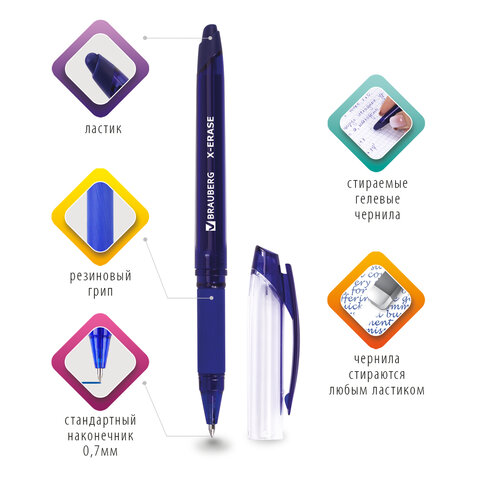 Ручка стираемая гелевая с грипом BRAUBERG «R-Erase», СИНЯЯ, корпус синий, узел 0.7 мм, линия письма 0.35 мм,143333