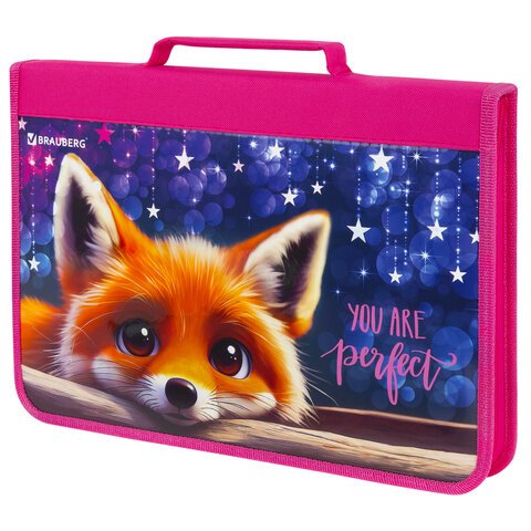 Папка на молнии BRAUBERG А4 с ручкой, с органайзером, 1 отделение, «Cute fox»