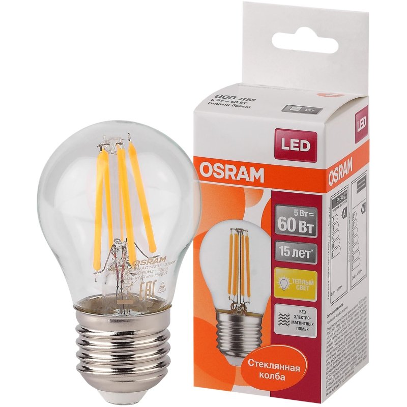Лампа светодиодная OSRAM LSCLP60 CL 5W/827 230V FIL E27 FS1