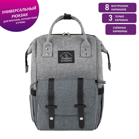 Рюкзак для мамы BRAUBERG MOMMY, крепления для коляски, термокарманы, серый, 41×24x17 см