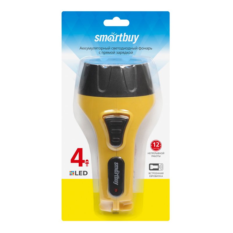 Фонарь Smartbuy SBF-84-Y, светодиодный, аккумуляторный, 4 LED, прямая зарядка от сети, желтый