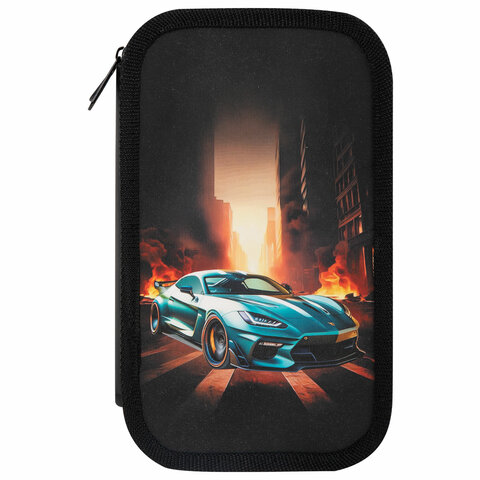Пенал ЮНЛАНДИЯ, 3 отделения, картон с эффектом soft-touch, 19×11 см, «Fire car»