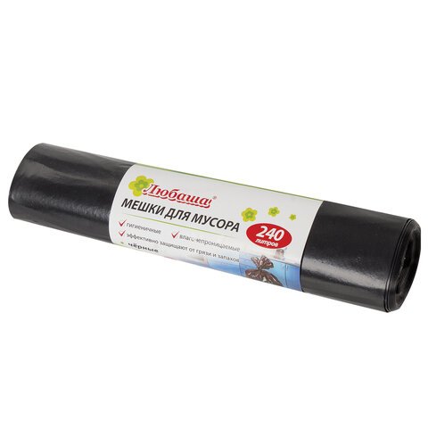 превью Мешки для мусора 240 л, черные, в рулоне 5 шт., ПВД, 30 мкм, 90×130 см (±5%), эконом, ЛЮБАША