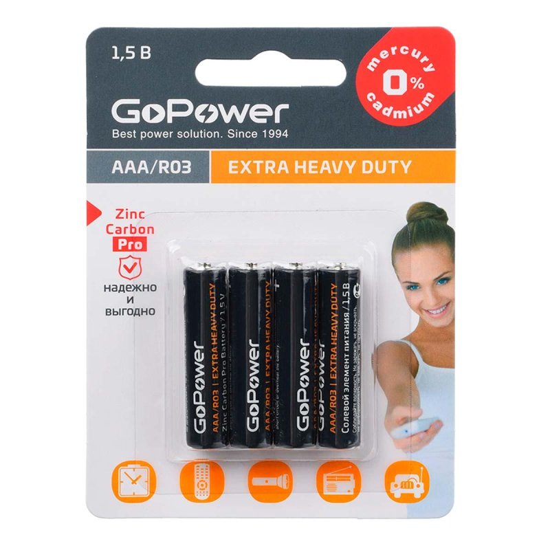 превью Батарейка GoPower R03 AAA 4шт/бл Heavy Duty 1.5V (4/48/576)