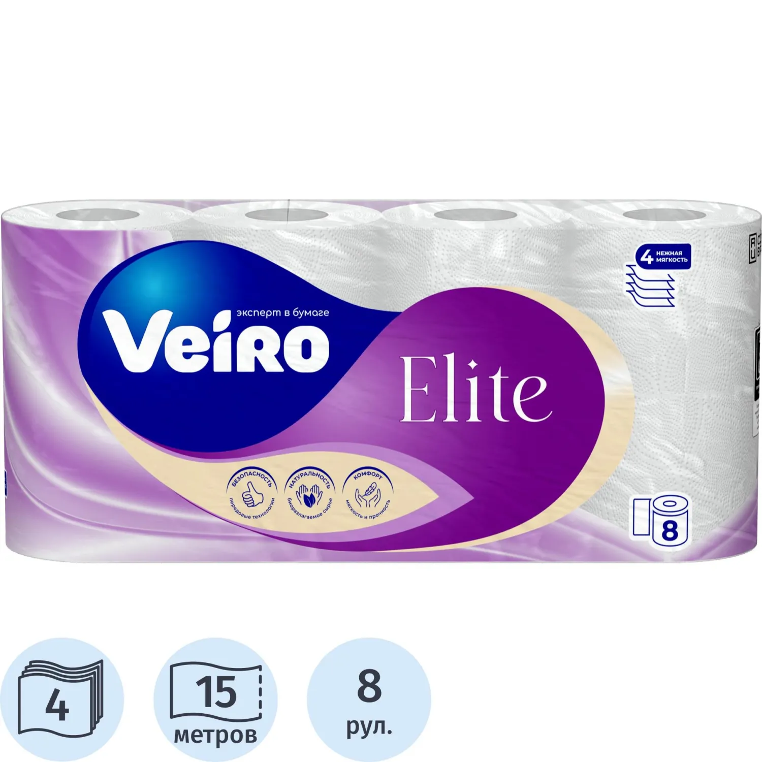 превью Бумага туалетная Veiro Elite 4-слойная белая (8 рулонов в упаковке)