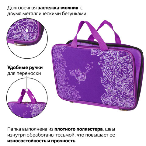 Папка на молнии с ручками BRAUBERG, А4, ткань, с подкладкой, сублимация, для девочек, «Маджента»