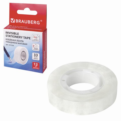Клейкая лента 12 мм х 33 м НЕВИДИМАЯ, BRAUBERG, матовая, европодвес