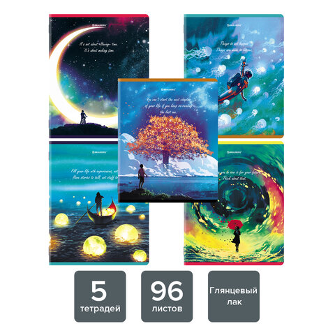 Тетради КОМПЛЕКТ 5 шт., А5, 96 л., BRAUBERG, скоба, клетка, глянцевый лак, «Dream World»