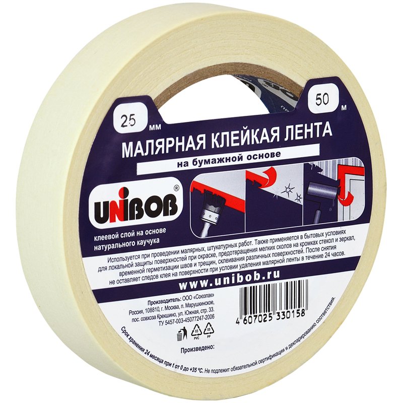 Клейкая лента малярная Unibob белая 25 мм х 50 м (бумажная, легкоудаляемая)